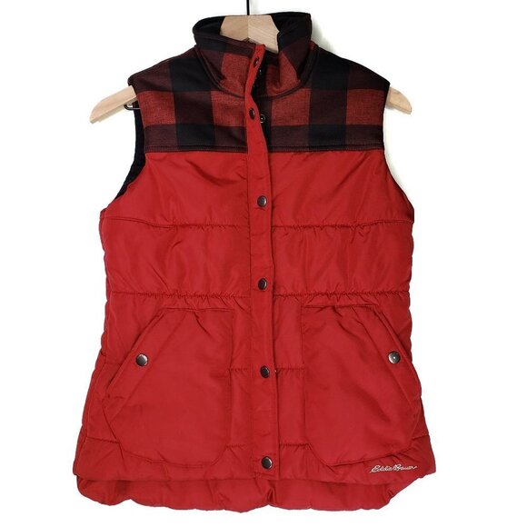 Eddie Bauer‎ Buffalo Plaid Puffer Vest Zip Snaps XS Red Black - Picture 1 of 9